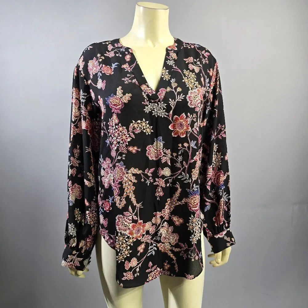 Maurices Small Black Floral Blouse with Pink and Red Accents R3